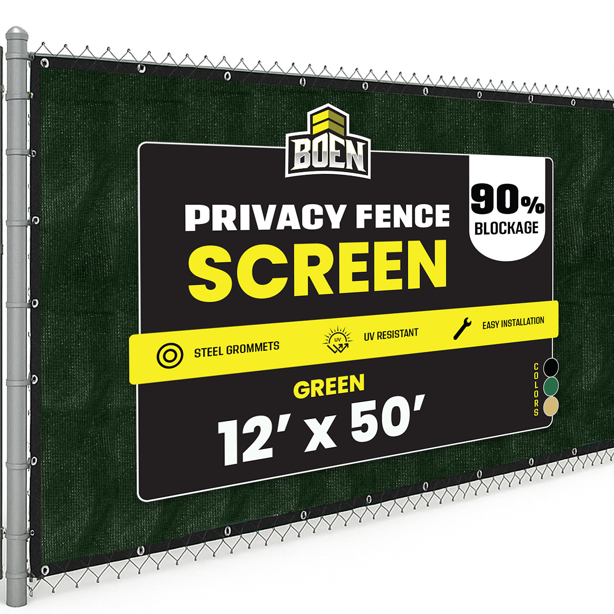 Boen Green Privacy Screen Fence, 12 ft x 50 ft, Netting Mesh Fabric Windscreen with Reinforced Steel Grommets for Garden Fence Or Any Outdoor Metal or Wooden Fencing